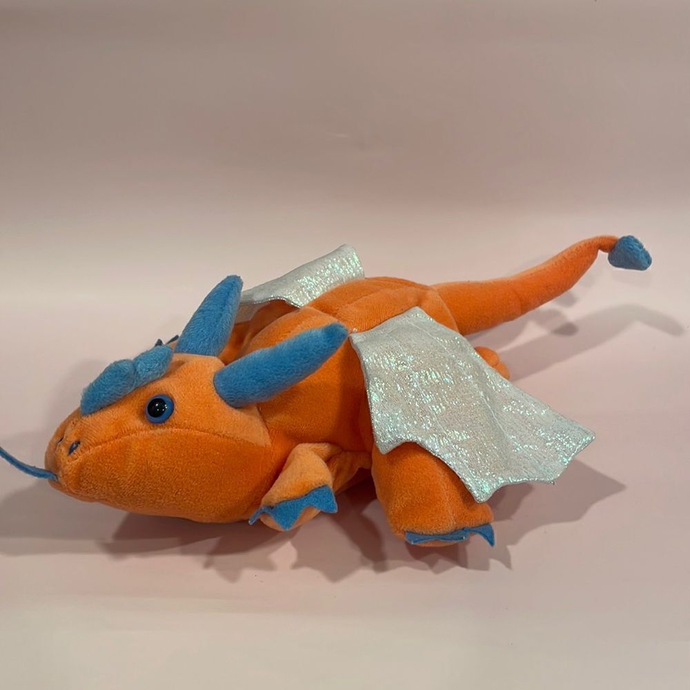 Caltoy Orange Blue Dragon Plush Puppet Vibrant Wings Tail Toy Stuffed 15” long